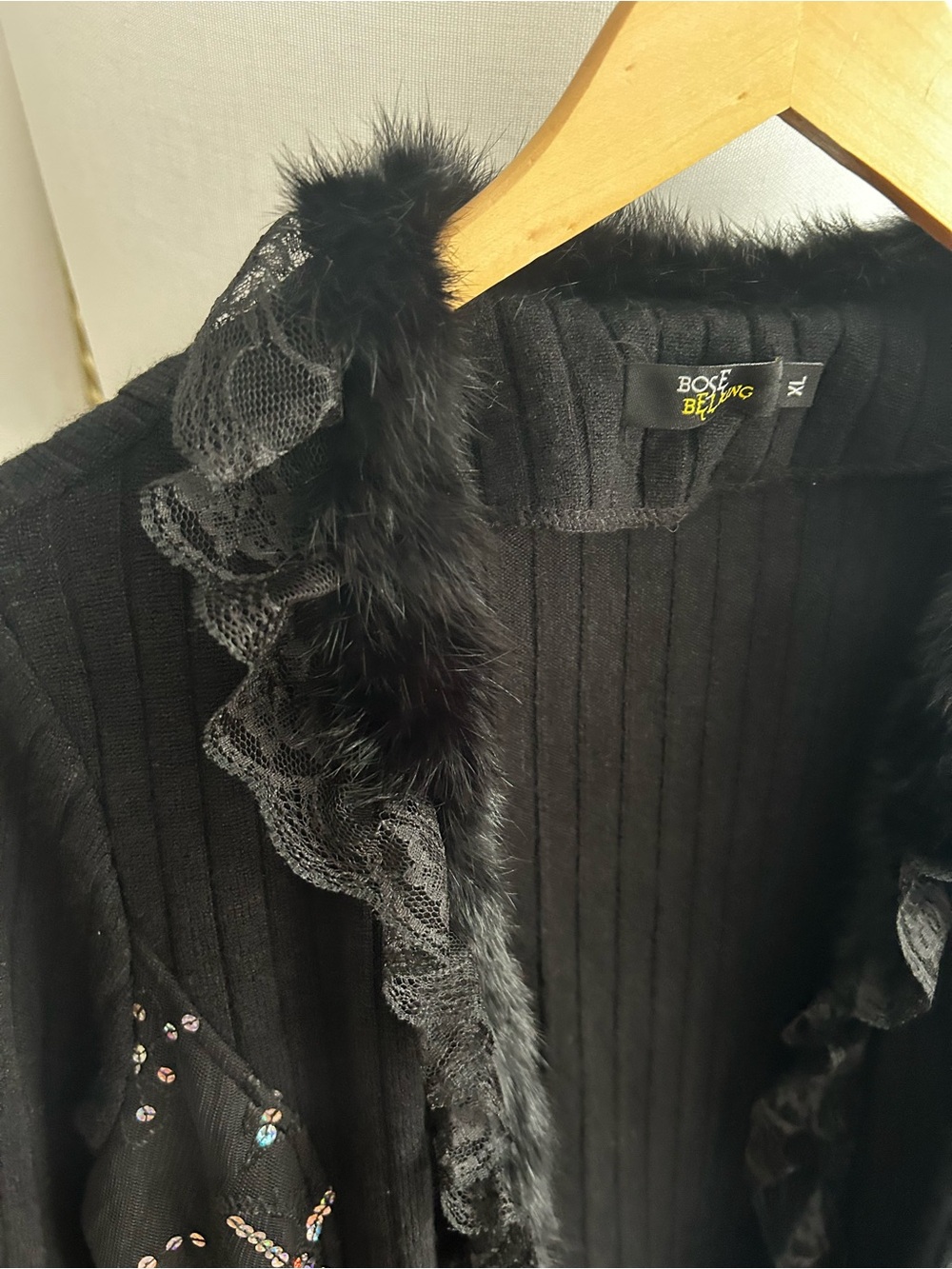 Vtg Knits Lace Sequins Fur Cardigan Sweater XL Linen Blend Whimsigoth Witchy - Picture 6 of 16